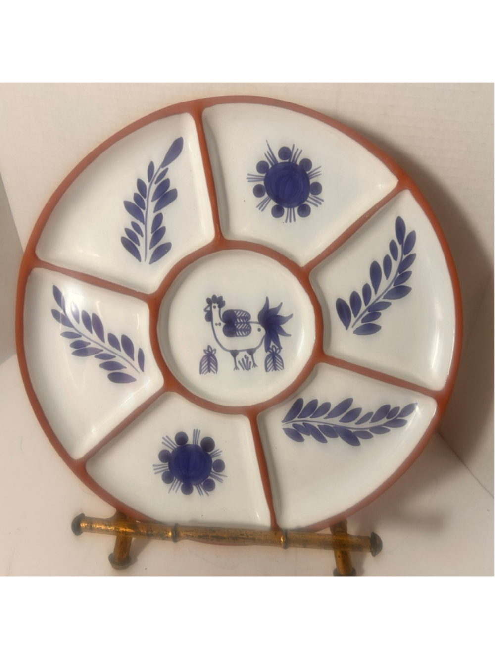 Sto Onofre Blue Hand Painted Ceramic Serveware Platter Folk Art Terracotta